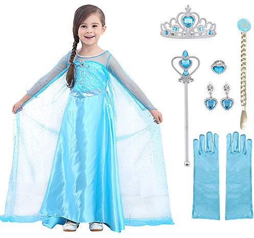URAQT Kleid Prinzessin Kostüm Kinder Mädchen, Krone Kleid Kinder Kostüm 9-teiliges Set mit Diadem Handschuhe Zauberstab usw für Weihnachten Verkleidung Karneval Halloween,110CM