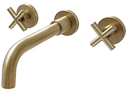 STIGES - Grifo mezclador de latón con doble mango cruzado para montaje en pared, para lavabo de baño, oro cepillado