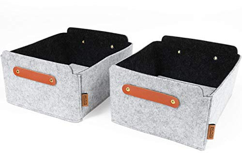 Miqio® Design Aufbewahrungsbox aus Filz mit Ledergriff | hochwertiger Korb aus Filz | Filzbox mit Echtleder Elementen | grau meliert | Filzkorb 2er Set