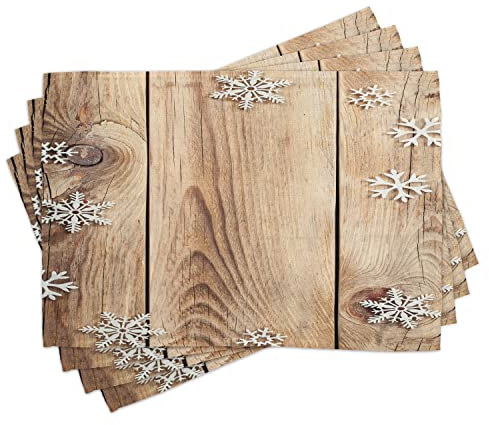 ABAKUHAUS Weihnachten Platzmatten, Holz Plank Schneeflocken, Waschbare Stoff Esszimmer Küche Tischdekorations Digitaldruck, Braun Hellbraun Weiß