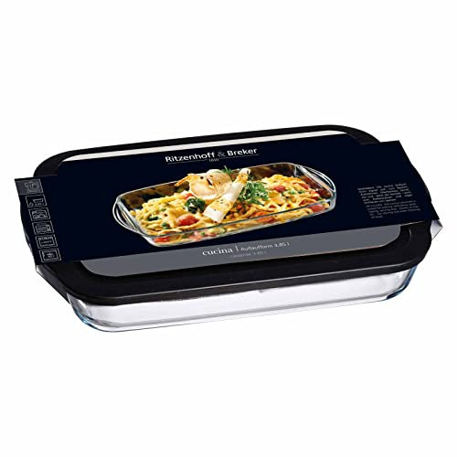 Ritzenhoff & Breker Cucina Auflaufform, Rechteckige Ofenform mit Frischhaltedeckel, 3850 ml, Spülmaschinenfest, Glas/Kunststoff, Transparent/Schwarz