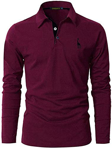 GNRSPTY Mens Polo Long Sleeve Shirt Cotton Golf Giraffe Tops,Red Wine,L