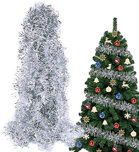 BHGT 6 Stück x 2m Weihnachten Lametta Girlande Tinsel Girlande Metallisch Lametta Girlande Weihnachtsbaum Lametta Dekoration Lametta Draht Girlande für Weihnachten Dekoration Silber
