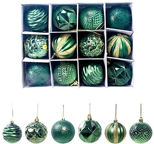 Weihnachtskugeln Weihnachtsdeko Set, 12 Stück Weihnachtsschmuck Kugeln Kunststoff mit Hängenden Seil, Baumschmuck Weihnachten Deko Christbaumkugeln für Glitzernd Weihnachten Deko Anhänger, Grün