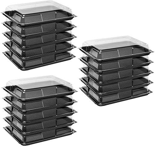 Deli Supplies Pack of 15 Medium Rectangle Food, Cake, Sandwich Platter Tray Set, Black Tray Base with Clear Lid Durable Buffet Catering Food Sandwich Trays (L390mm x W290mm x 70mm with Lids)