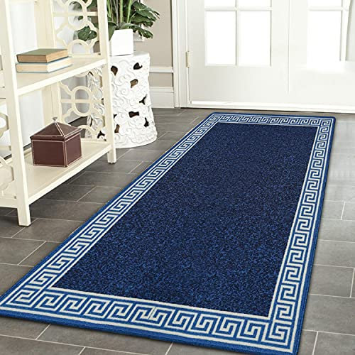 PHP Carpet Runners for Hallways Non-Slip Long & Wide Heavy-Duty Plain Super Absorbent Area Rugs, Stair Carpet and Kitchen Anti-slip Floor Mats - Greeky Rug (Blue & Cream, 66 x 220 cm - XL Runner)