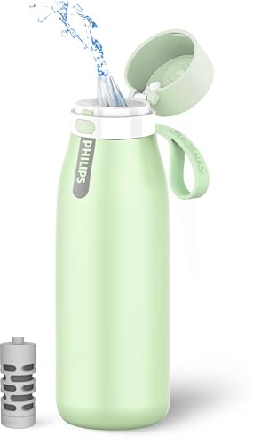 PHILIPS Water Bottle with Filter, Filter Water Bottle Stainless Steel with GoZero Everyday BPA-Free Tap Water Filter, Water Filter Bottle Keep Drink Cold 24 Hours, 1 Filter for 40 gal / 2 Months