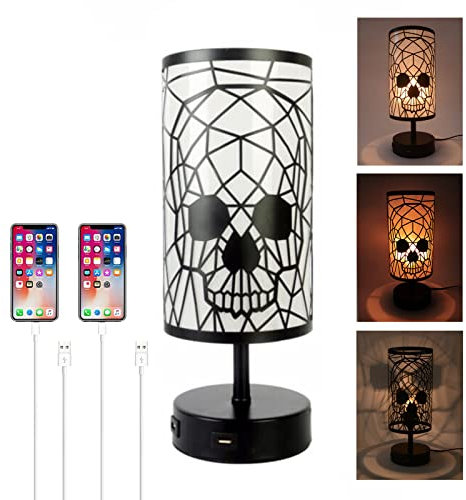 YNDD Totenkopf Lampe, Schädel Deko Skelett Nachttischlampe Touch Dimmbar, Schwarz Vintage Tischlampe, 2 USB Anschluss, 3 Helligkeit, Retro E27 Tischleuchte aus Metall für Halloween Deko, Schlafzimmer