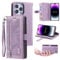 UEEBAI Wallet Case for iPhone 13 Pro Max 6.7 inch, Retro 9 Card Holder Slots Zipper Pocket Handbag Case PU Leather Magnetic Closure Kickstand with Wrist Strap TPU Shockproof Flip Case - Glitter Purple