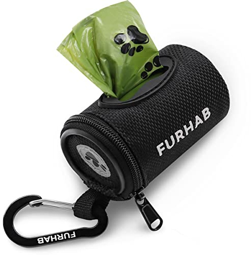 FURHAB Dog Poop Bag Holder for Leash Doggie Waste Bag Dispenser Soft Fabric Puppy Potty Carrier Small Doggy Zipper Pouch with Carabiner Clip with 1 Roll of Pet Trash Bags, Black