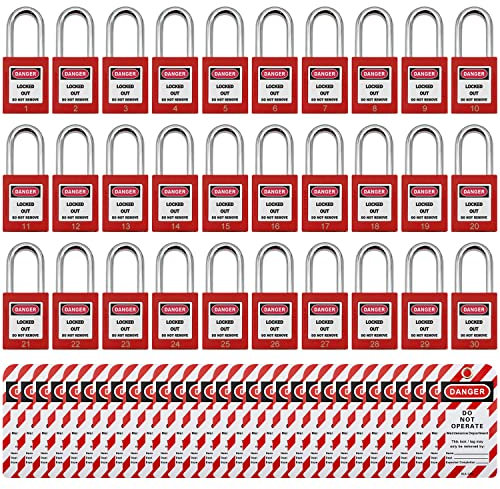 Candados de seguridad para etiquetado, candado de seguridad, cerraduras Loto con llave diferente, 30 candados de seguridad de plástico con 30 etiquetas de bloqueo, color rojo