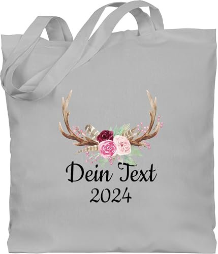 Baumwolltasche - Kompatibel Oktoberfest - Dein Text und Geweih - Unisize - Hellgrau - bayrische geschenke trachten hirschgeweih einkaufstasche bayrisch tasche bayrisches stofftasche bayrischer abend