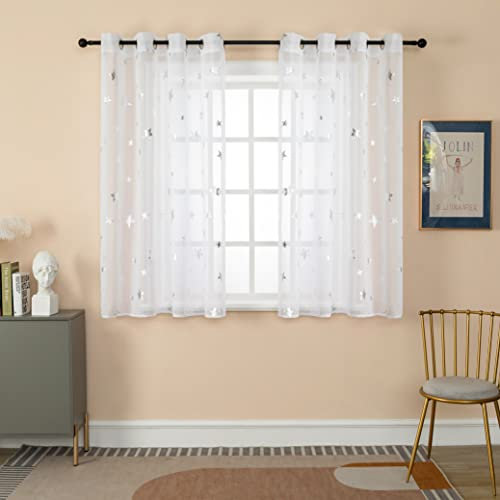 GIRASOLE HOME® 1 Paar Voile Filtervorhänge mit silbernen Sternen, weiß, für Innenräume mit Ösen 2 Paneelen (Sterne Silber, 140 x 145 cm)