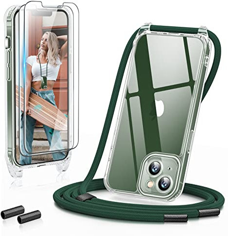 GOODVISH 3 in 1 Handykette für iPhone 13 6,1 Zoll - mit 2 Stück Schutzfolie - Necklace Hülle mit Band [Kameraschutz] [360°-Schutz] Handyhülle für zum Umhängen - Transparent Case mit Schnur, Dunkelgrün