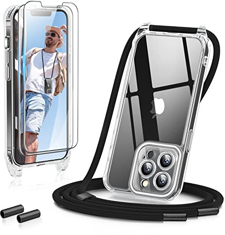 GOODVISH 3 in 1 Handykette für iPhone 13 Pro Max 6,7, mit 2 Stück Schutzfolie | 360°-Schutz | Kameraschutz | Necklace Hülle mit Band Handyhülle für zum Umhängen| Transparent Case mit Schnur - Schwarz