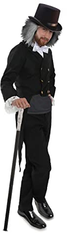 Ebenezer Scrooge Weihnachtskostüm - Schwarze viktorianische Jacke, Zylinderhut, graue Perücke, silberner Stock und weiße Handschuhe - Viktorianischer Mann Weihnachten Faschingskostüm
