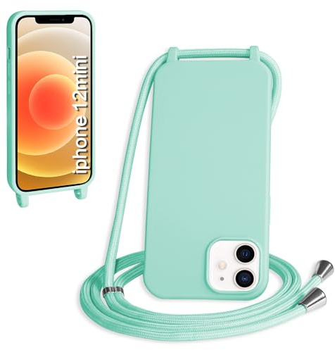 WenBaby Funda con Cuerda para iPhone 13 Mini, Líquida Silicona Carcasa con Cordón Ajustable Collar Correa de Cuello, Cubierta Prueba Golpes con Microfibra Forro (Verde Menta)