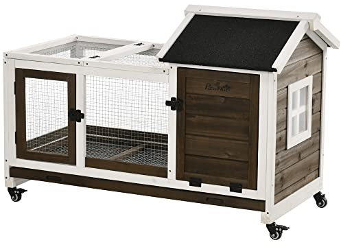 PawHut Conejera de Madera con Ruedas Jaula para Conejos con Techo Puede Abrir y Bandeja Extraíble Conejera para Interior y Exterior 108x58x73,5 cm Café