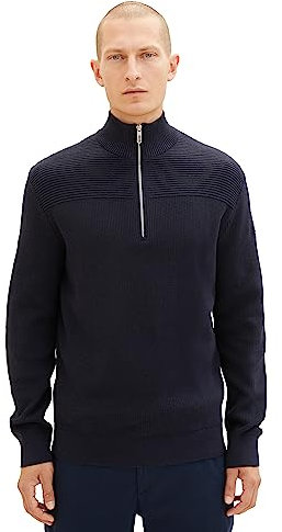 TOM TAILOR Herren 1038315 Strukturierter Strick-Pullover mit Troyer-Kragen, 13160-Knitted Navy Melange, M