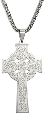 EUEAVAN Wikinger Keltisches Kreuz Halskette Irisches Gebet Anhänger Kruzifix Religiöses Halsband Jesus Amulett Nordischer Schmuck Männer Frauen Mädchen Geschenke Souvenirs (silber)