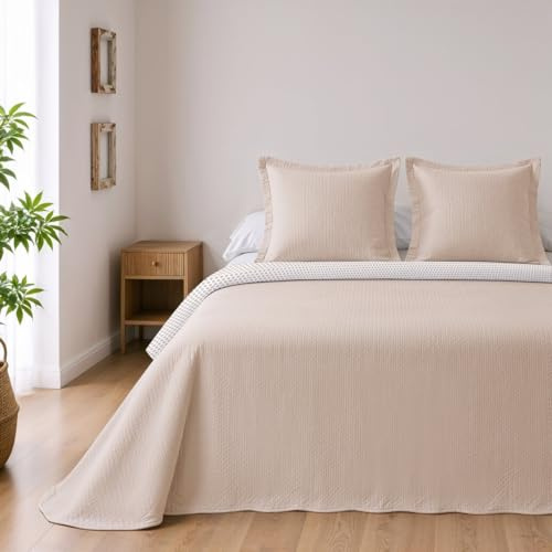 BOHEME Colcha Reversible de Microfibra Arena Cama 150+2 Fundas de Cojín