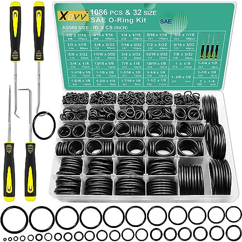 XBVV 32 Size SAE O Ring Assortment Kit 1086 Pcs Standard Buna-N Rubber O'ring Set with 4 Pick & Hook for Automotive Hydraulic Faucet Plumbing Sealing Repair ID:1/8-2 Inch