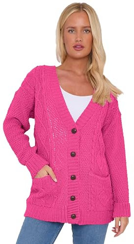 AJFASHION Womans Cardigan Ladies Cable Chunky Knit Cardigan Button Long Sleeves Grandad Cardigans Jumper UK Plus Small Sizes (Fuchsia, UK 16-18)