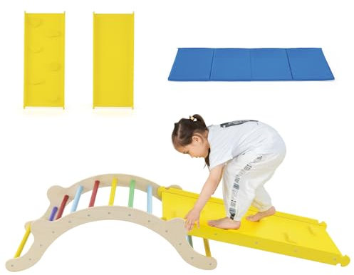 Maxmass 3-In-1 Kids Climbing Frame, Toddler Climber Arch with Soft Mat and Reversible Ramp, Wooden Climbing Ladder Set for Indoor & Outdoor (Colorful)
