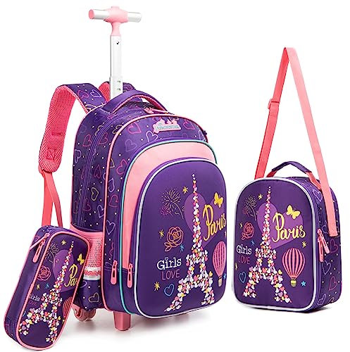 HTgroce Schulranzen Rucksack Trolley mit 2 Rollen für Kinder Mädchen,Schulranzen mit Rollen für Mädchen,Kinder Schultrolley Geeignet für Schule und Reise,Mit Essensbeutel und Federmäppchen.