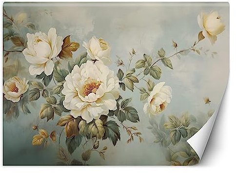 Premium Vinyl Fototapete Shabby Chic Blumen 450x315 cm XXL Wandtapete Tapeten Wohnzimmer Schlafzimmer Jugendzimmer Büro Flur Hotel Spa Moderne Design Wand Dekoration Retro Rustikal Vintage Beige