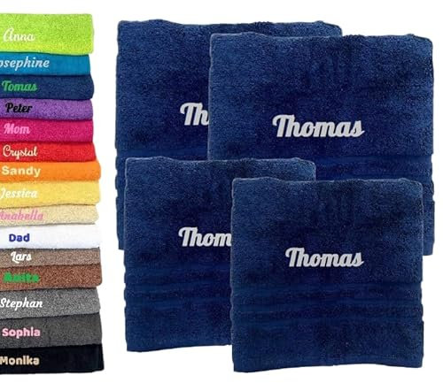 4er Pack Personalisiertes Handtuch und Badetuch mit Namen Schön gestickter Name Handbadetuch 100 % Baumwollhandtuch 2x (50 x 100 cm) + 2x (140 x 70 cm) Personalized Custom Towel with Name (Blau)