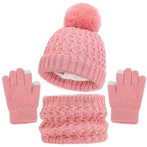 Baynetin Kinder Wintermütze Schal Handschuhe Set, 3 Stück Mädchen Warme Pompom Beanie Hut Touchscreen Handschuhe Runder Schal Set mit Fleece Gefüttert für Jungen Mädchen 2-8 Jahre (Rosa2)