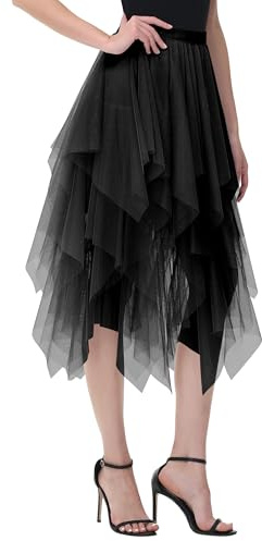 Damen Tüll Röcke High Low Layered Faltenrock Midi Rock Asymmetrisch Karnevalsrock Elegant Weich Knielang Puffy Fee Röcke
