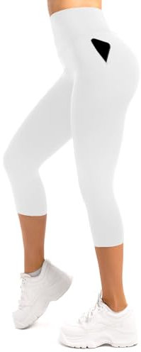 Leafigure Capri Leggings Damen mit Taschen 3/4 Leggins High Waist Fitness Shorts Blickdichte Sportshorts Weiß SM