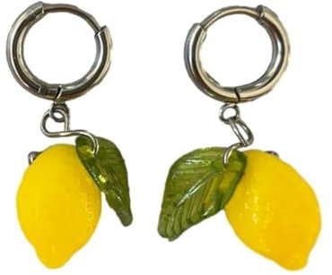 Zitronen Ohrringe | Handgemachte Ohrringe Creolen aus 18k Gold vergoldeten Edelstahl mit hängenden Zitrone Anhänger (silber)