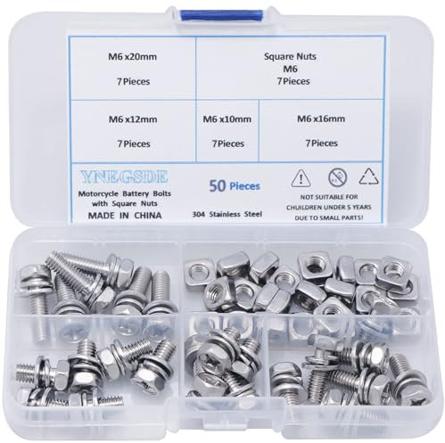 Unifizz Motorcycle Battery Bolts and Nuts Kit 56Pcs 304 Stainless Steel M6 x 10mm/ 12mm/ 16mm/ 20mm Motorcycle Battery Terminal Bolts Screws with Square Nuts for ATV Bike Scooter