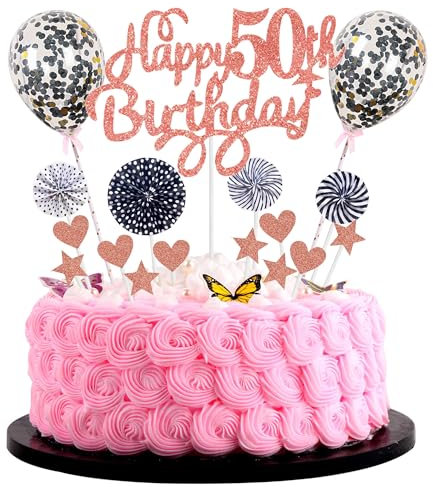 Cnrose Kuchendeko 50. Geburtstag Happy 50th Birthday Tortendeko 50 Jahre Frauen Roségold Schwarz mit Herz Stern Ballon 21 Stück