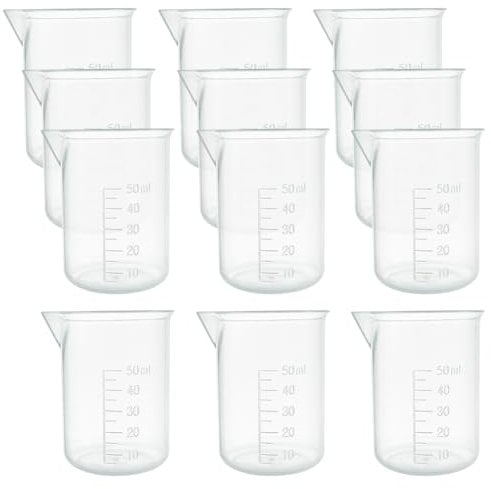 FSSTUD 12 Pcs 50ml Transparent Lab Measuring Beakers Plastic Beaker Cups Small Clear Graduated Beakers Epoxy Resin Mixing Cups Liquid Container Beakers for Science Experiment