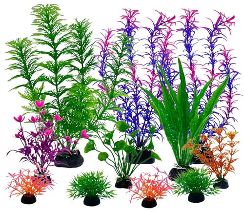 SDFNBRA 11 Pieces Colorful Artificial Fish Tank Decorations, Aquarium Decorations Fish Tank Purple and Green Artificial Plastic Plants (TZ1104)