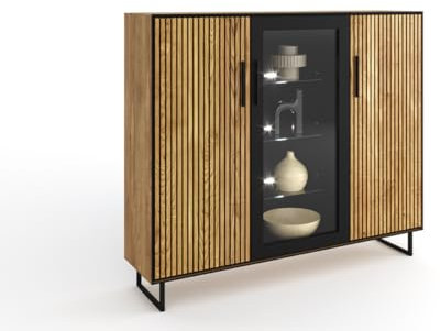 möbelando Highboard >Eddie< in Eiche/schwarz, Eiche teilmassiv - 146x147x40cm (BxHxT)