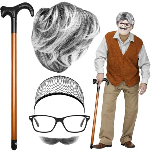 5 Stück Opa Kostüm Set Rentner Kostüm Perücke Herren Schnurrbart zum Ankleben Wig Cap Opa Brille Aufblasbarer Spazierstock Alter Mann Cosplay Kostüm Set Cosplay Zubehör für Halloween Karneval Party