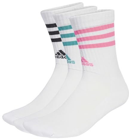 adidas Unisex 3-Stripes Cushioned Crew Socks 3 Pairs, White/Pure Teal/Lucid Pink/Black, 10.5-12.5
