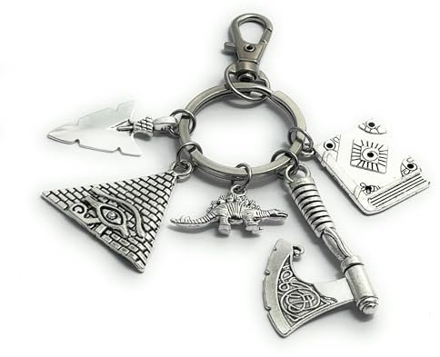 FizzyButton Gifts History Theme Keyring Key Ring with Pyramid, Arrow Head, Dinosaur, Viking Axe and Book Charms with Lobster Clasp