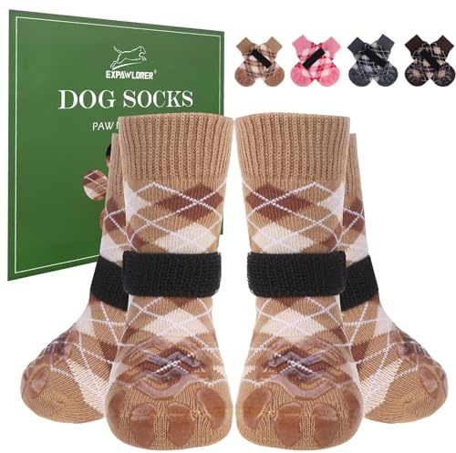 EXPAWLORER Hundesocken Anti Rutsch Leckschutz von Pfoten, doppelseitiger Rutschfester Pfotenschutz für Hartholzböden, Hunde Socken verletzung für alle Hunde, britischer Stil, Khaki S