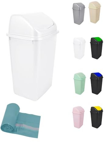 JARDIN202 - Cubo de Basura con Tapadera Basculante - 30/50 Litros - Ideal para Hogar y Oficina | 50 L + Bolsas (Blanco)