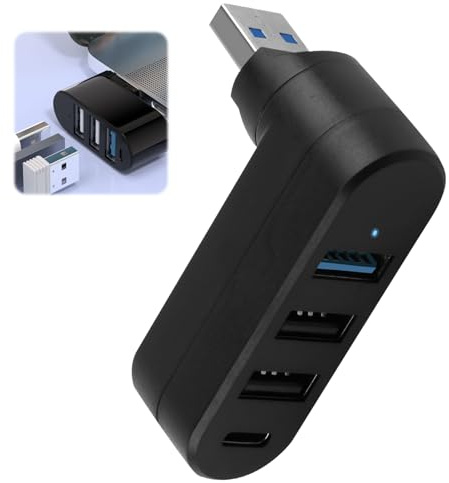 USB 3.0 Hub 4-Port USB Splitter, 90°/180° Degree Rotatable Fast Data Transfer with 3 USB Ports and 1 USB C Power Port for Laptop, Car, MacBook Pro, Air, Keyboard, Notebook and More