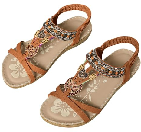 Gkaopi Sandali Bohemia Donna Estive Piatto Comode Fiore Strass e Perline con Elastiche Cinghia Sandali Punta Aperta Scarpe da Trekking da Spiaggia con Suola Morbida