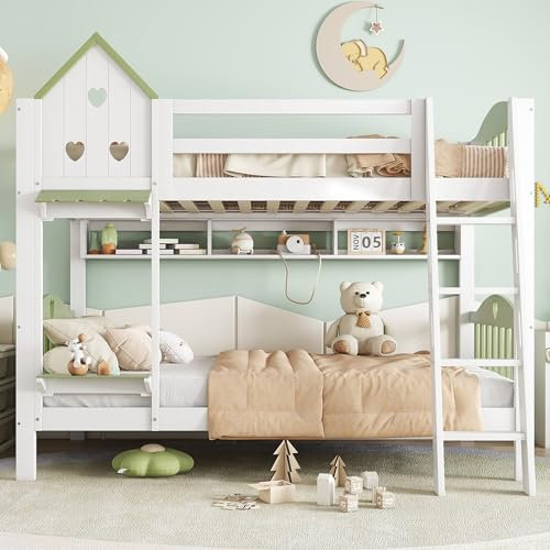 Merax Etagenbett Kinderbett mit Fallschutz & Gitter, Dach & Fenster, Offenes Regal, 4-stufige Leiter, Massivholzrahmen, Kiefer + MDF, Weiß & Grün, 90x200cm, EN747 Zertifizierung, ohne Matratze