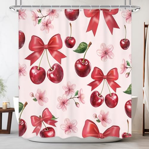 Newsely Duschvorhang mit rosa Schleife, Kirsche, 152,4 x 183,9 cm, Blumenmuster, rote Früchte, niedliches Mädchen, ästhetisch, adrett, Badezimmer-Set, modern, Kinder, kokett, wasserdicht