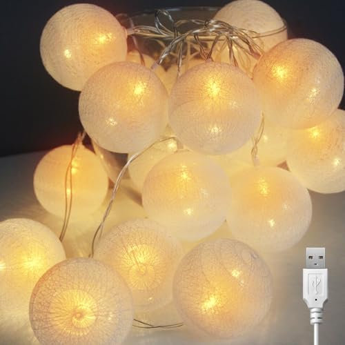 PORFOYO Guirlande lumineuse en boules de coton de 6 m - 40 LED - Avec prise USB - Pour mariage, fête, intérieur et extérieur